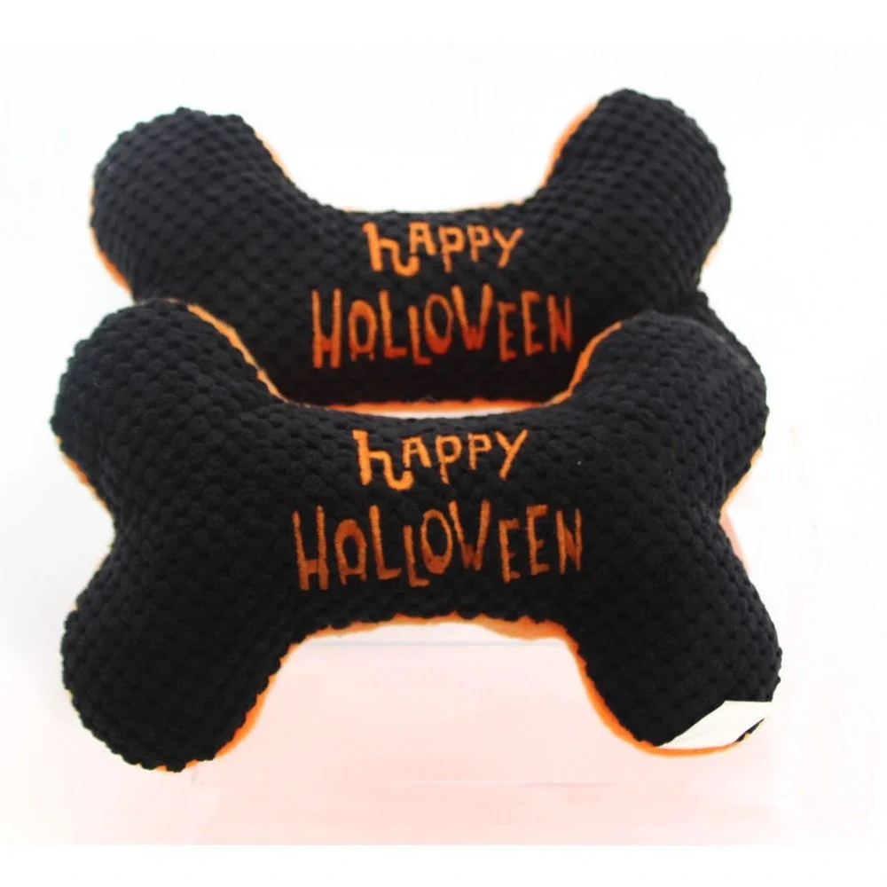 Happy Holloween Plush Dog Toy Bone Set Black Orange Textured Squeaky 2 Pack